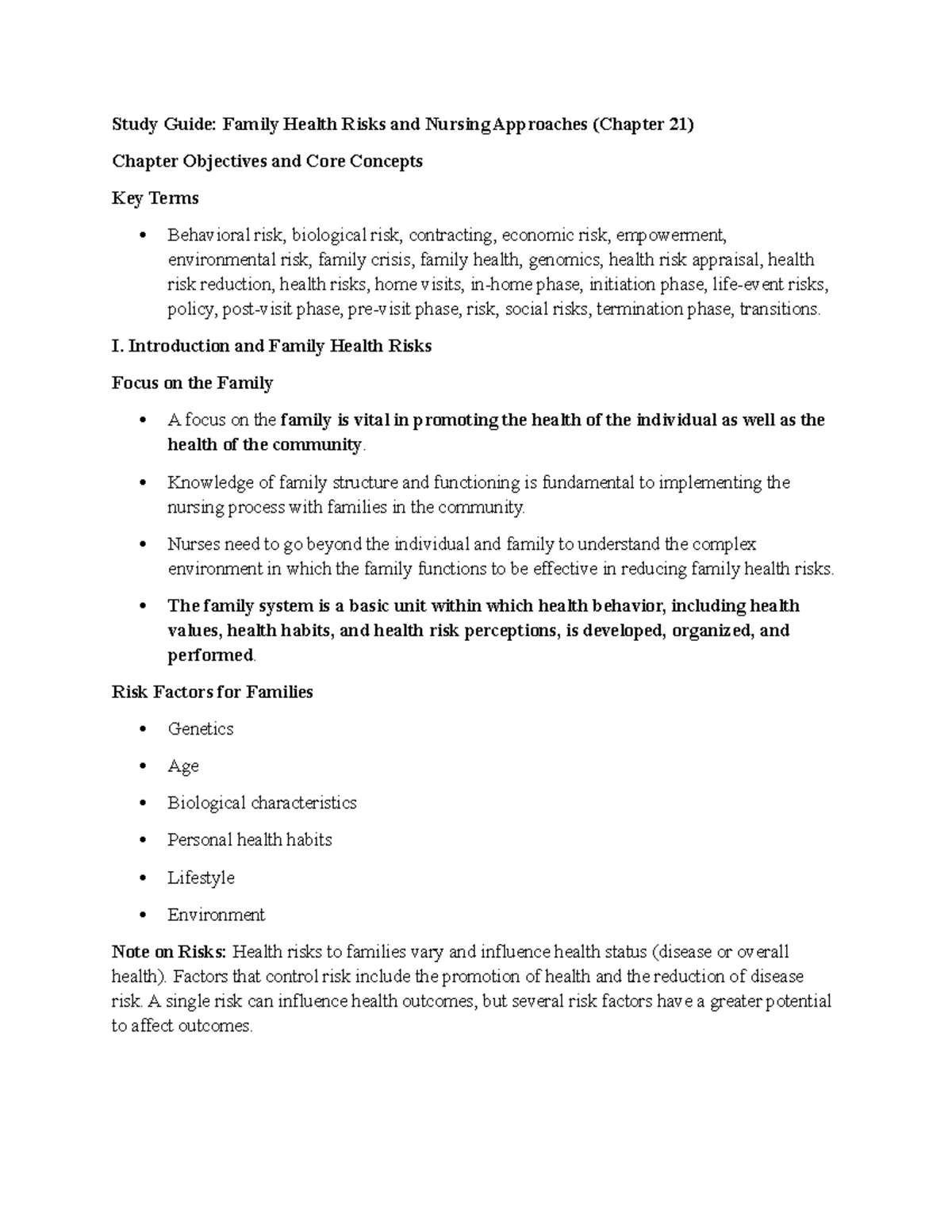 Chapter 21 Study Guide: Family Health Risks & Nursing Strategies - Studocu