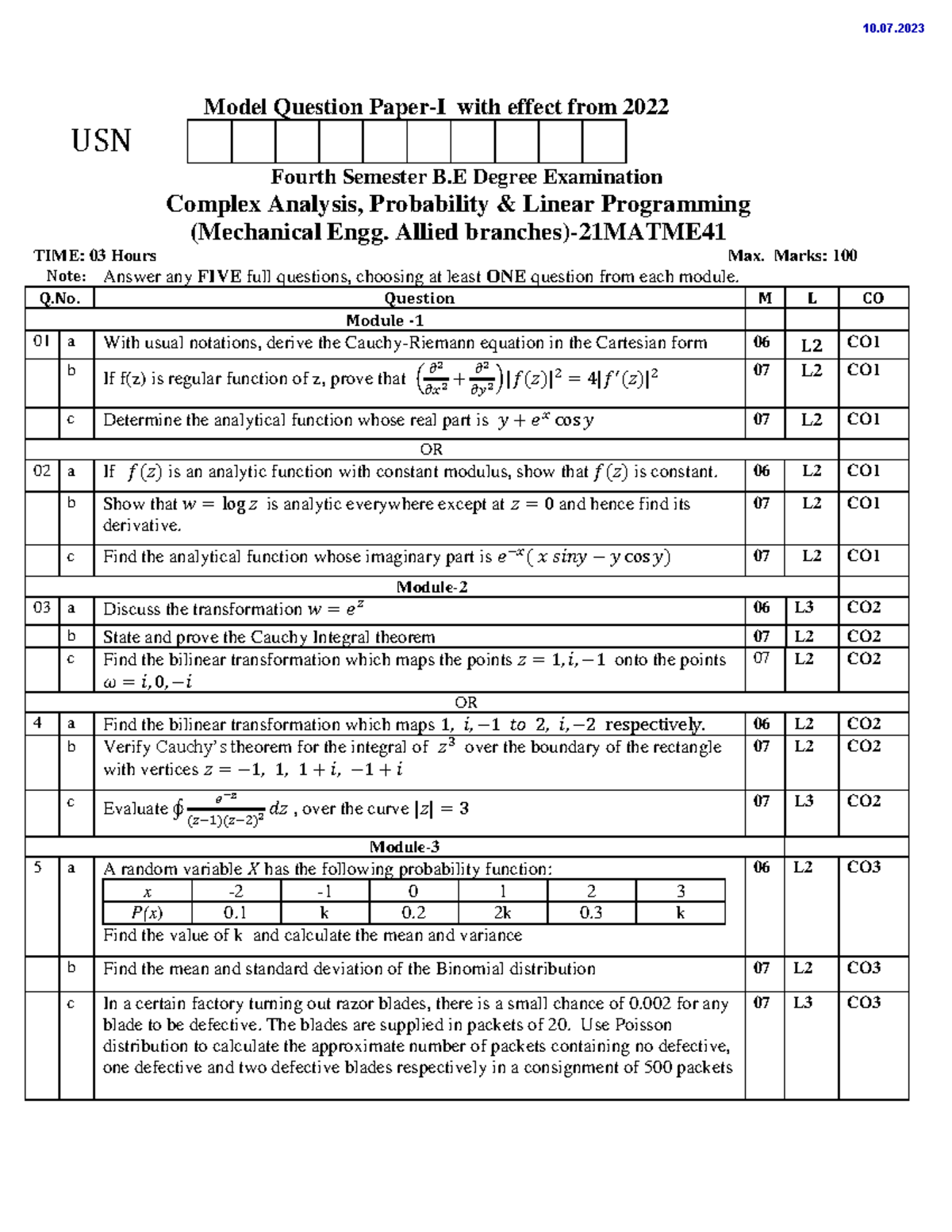 Model Question Paper-I & II for 21MATME Complex Analysis & Probability ...