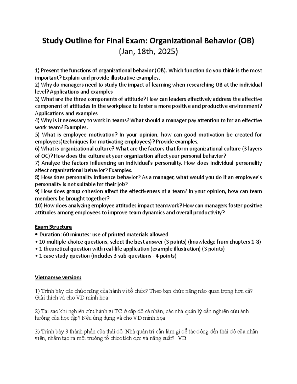 ENG Final Exam Study Outline: Organizational Behavior (OB) 2024 - Studocu