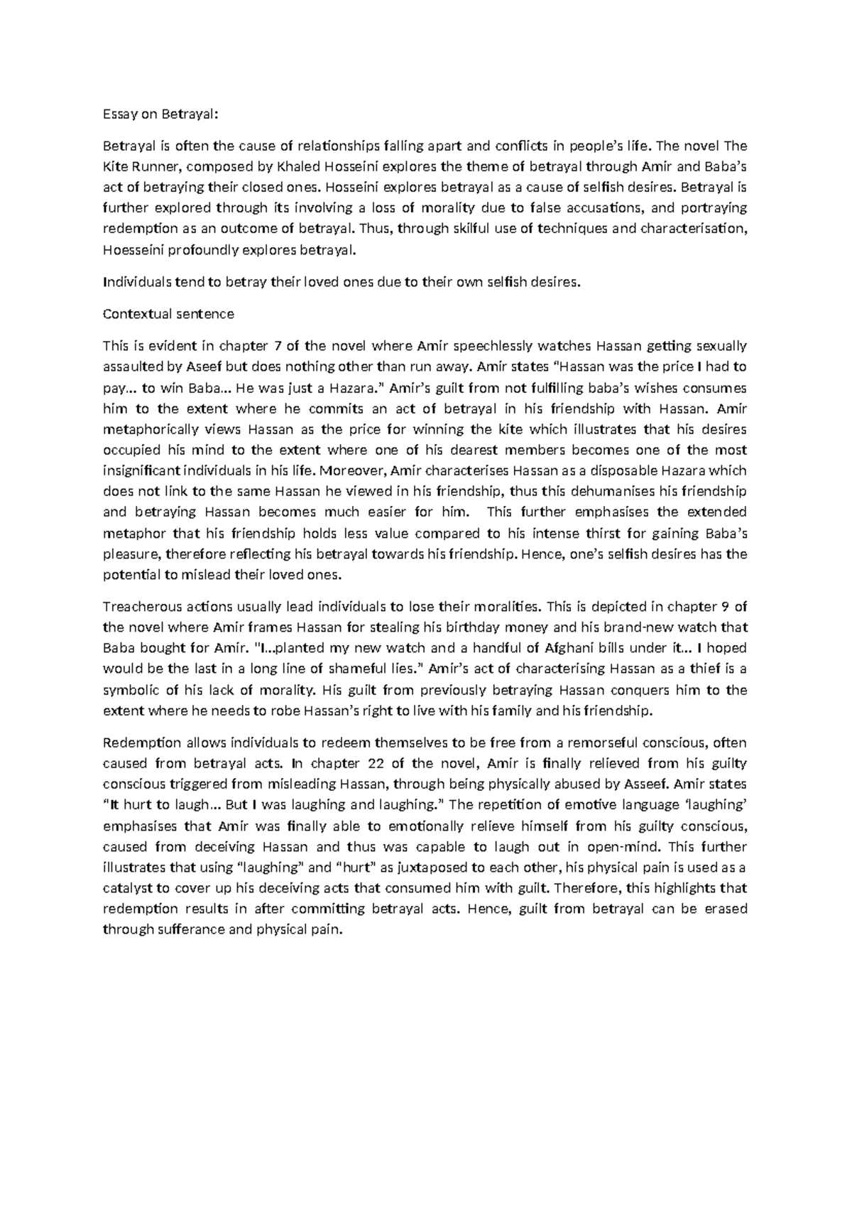 ENG 101: Essay on Betrayal in The Kite Runner by Khaled Hosseini - Studocu
