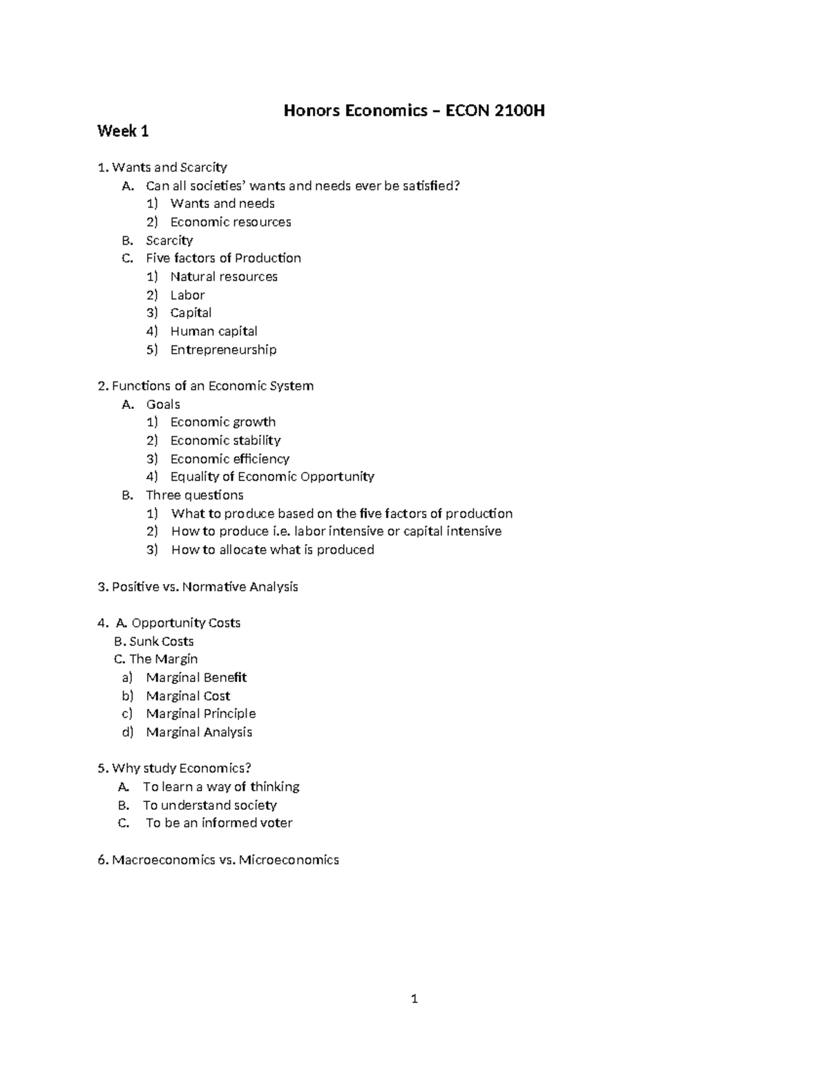 ECON 2100H: Honors Economics Lecture Notes - Week 1 Overview - Studocu