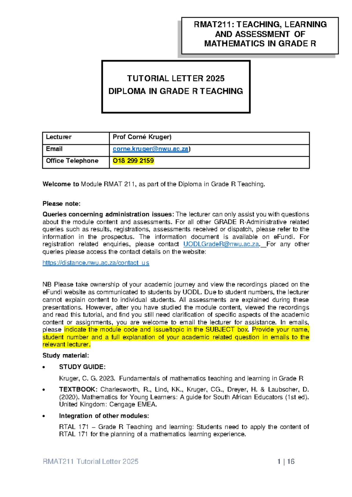 RMAT211: Teaching and assessment of mathematics in Grade R tutorial ...