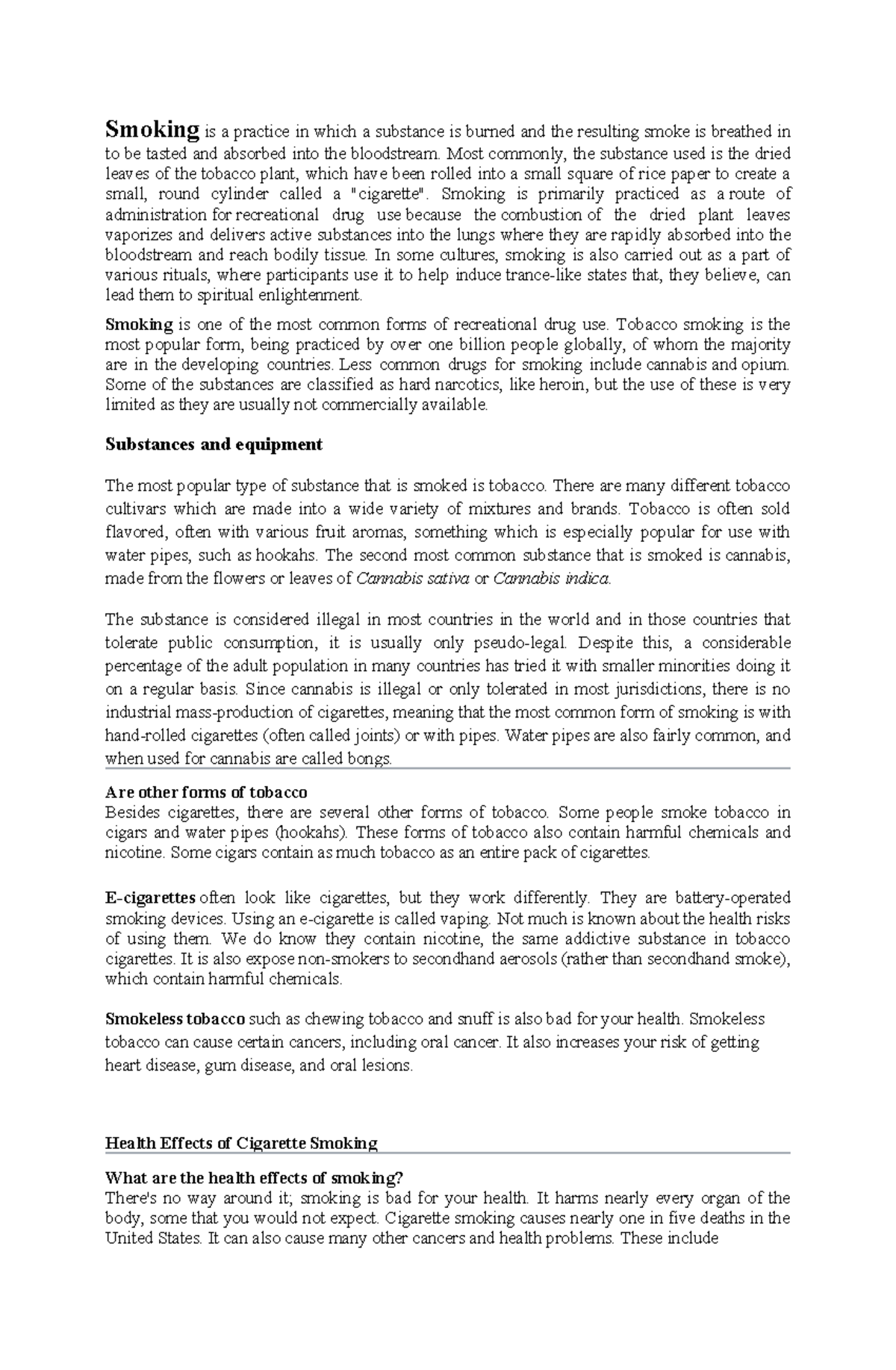 Health Effects and Risks of Smoking: A Comprehensive Overview - Studocu