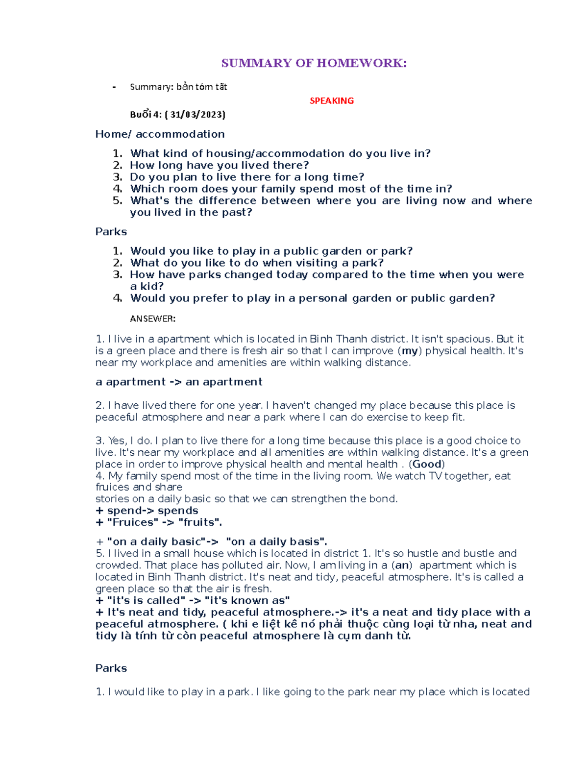 SUA BTVN - Homework Summary on Speaking and Outdoor Activities - Studocu