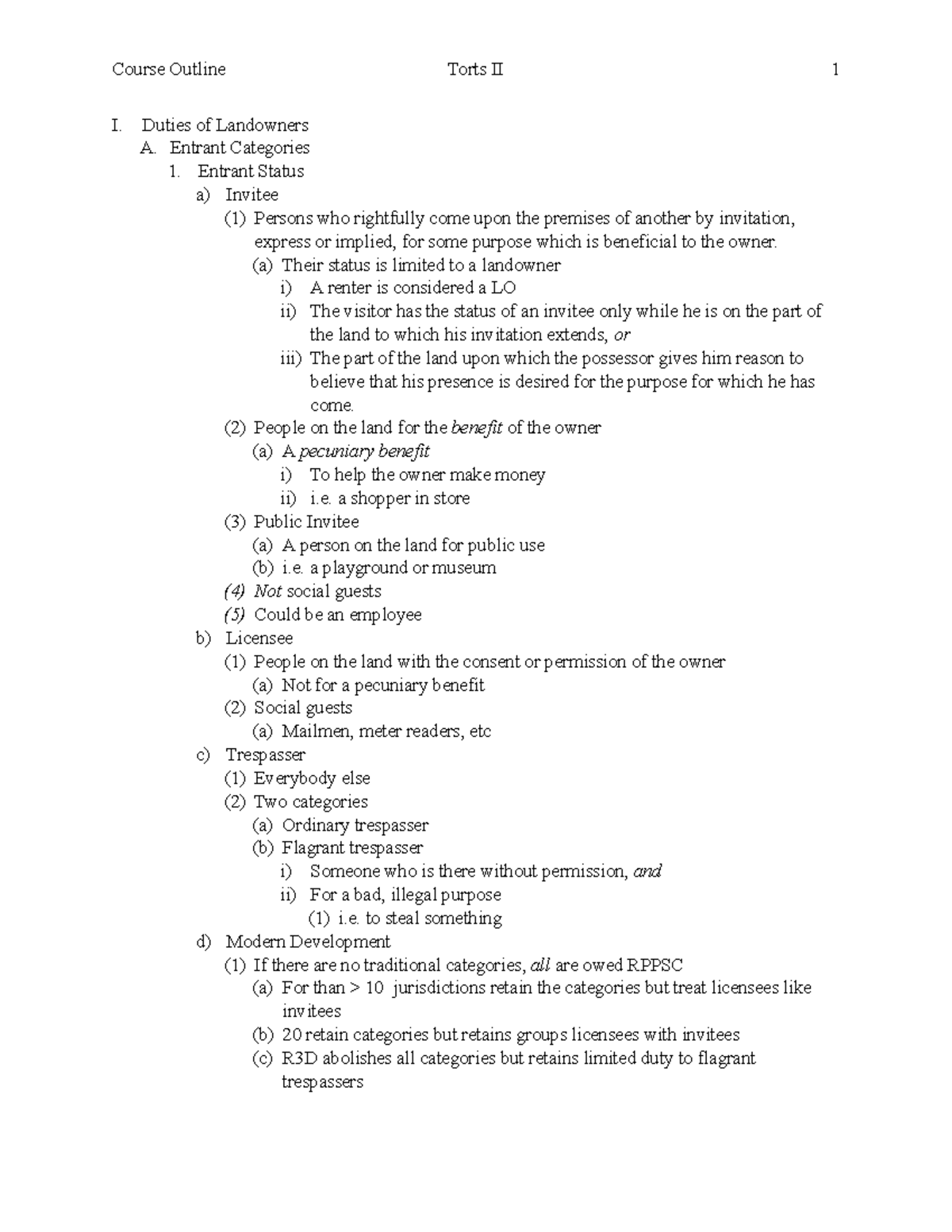 Torts II Final Exam Outline: Duties, Categories, and Liability - Studocu