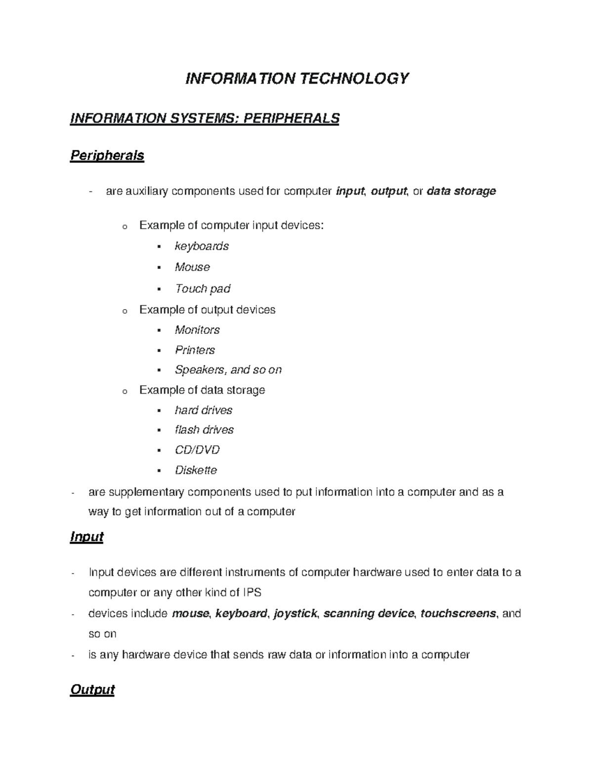 Information Systems: Peripherals - INFORMATION TECHNOLOGY INFORMATION ...