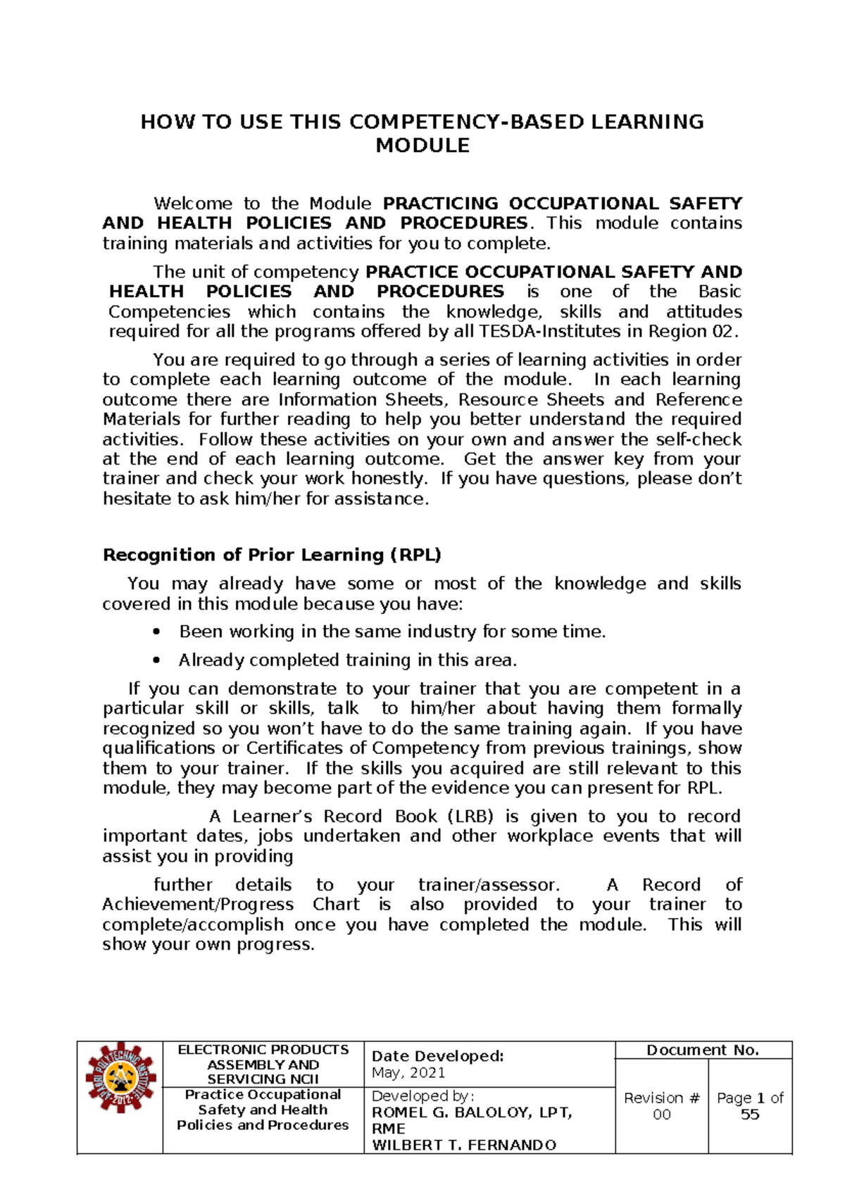 CBLM-UC7- Practice-OHS - HOW TO USE THIS COMPETENCY-BASED LEARNING ...