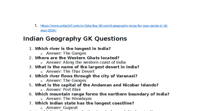 Indian Geography Gk Questions And World Geography Mcqs Studocu