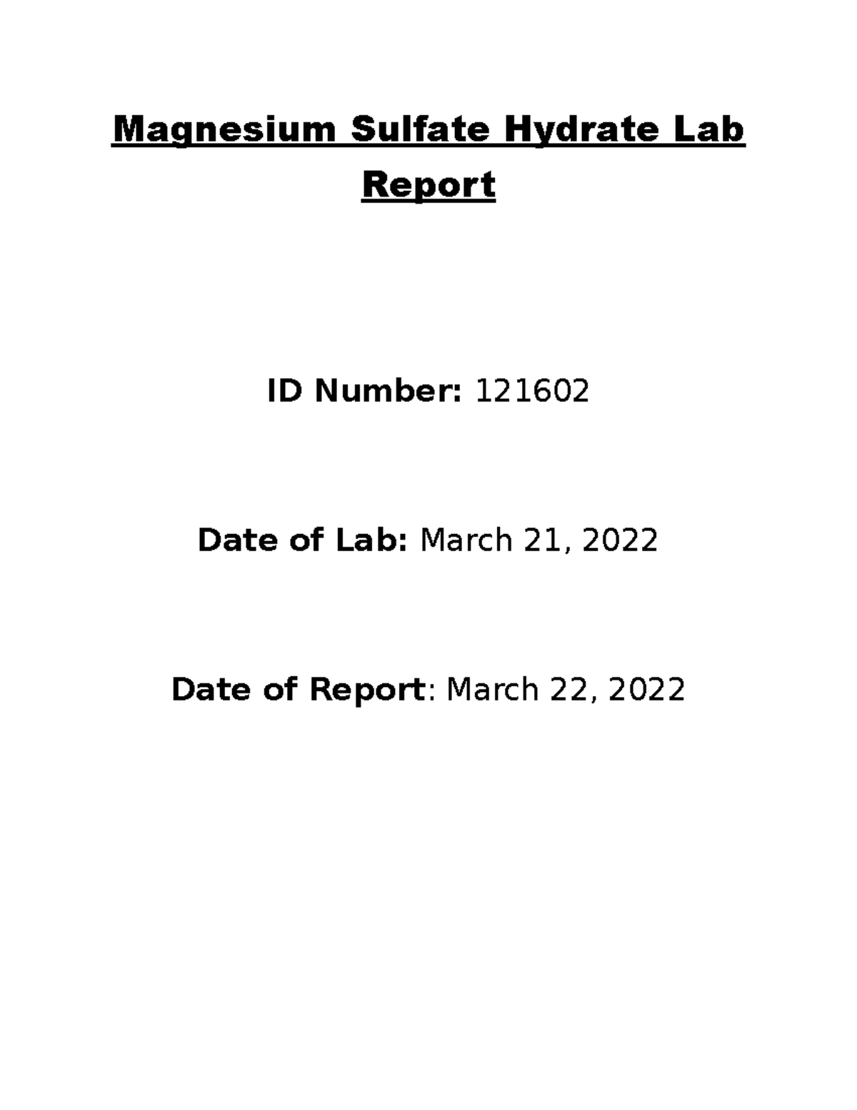 Magnesium Sulfate Hydrate Lab Report (ID: 121602) Analysis and Findings ...