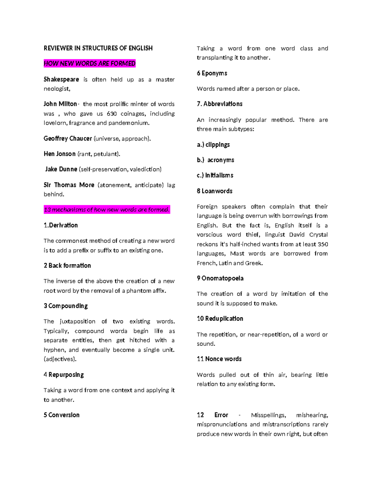 Reviewer in Structures of English: Word Formation Mechanisms - Studocu