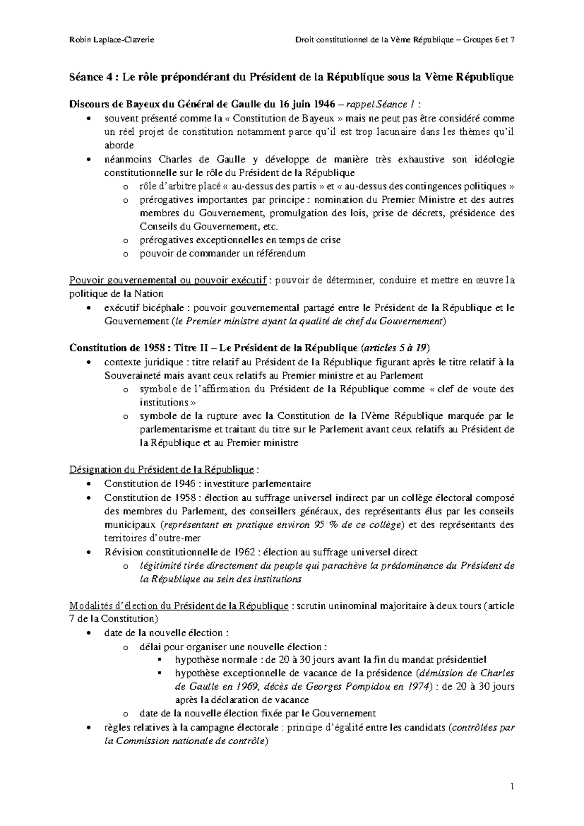 TD Notes - Séance 4 : Le Président de la République sous la Vème ...