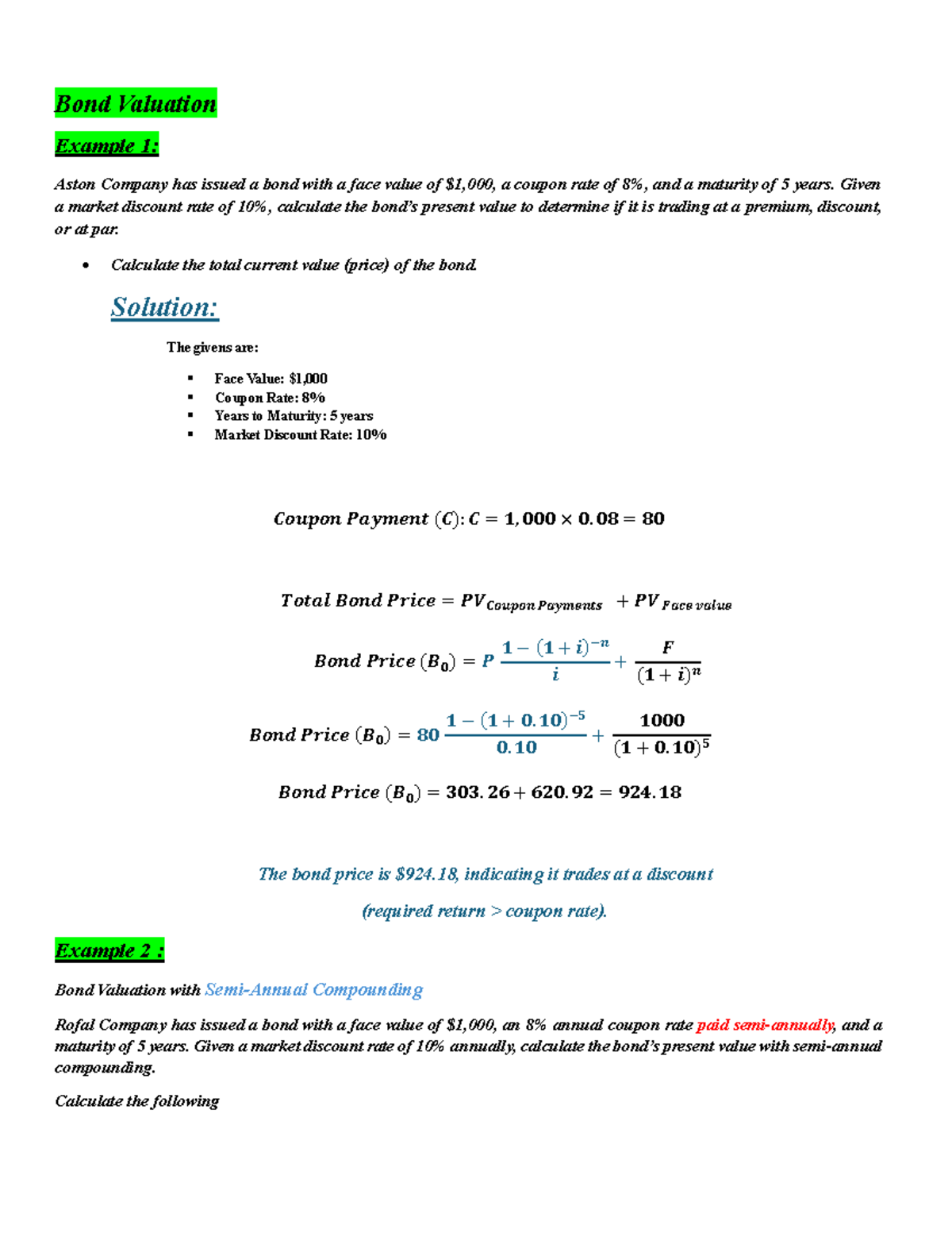 Finc409 Final Exam Revision Notes: Bond Valuation Examples - Studocu
