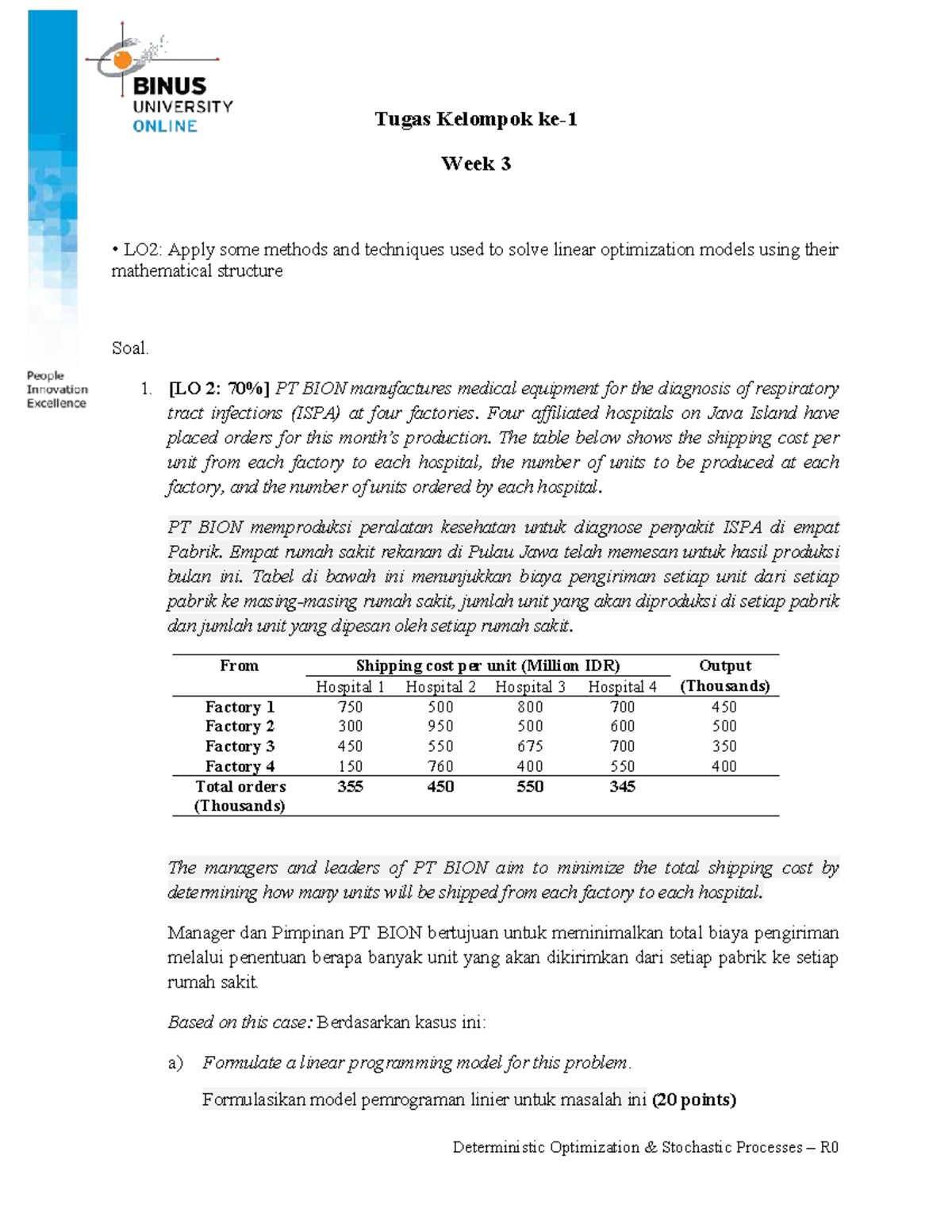 Tugas Kelompok 1: Optimasi Model Linear dan Masalah Penugasan R0 - Document Preview