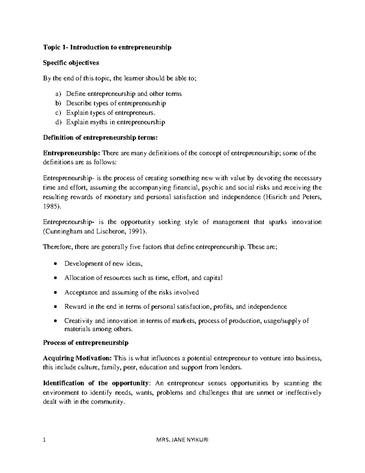 Topic 1: Introduction to Entrepreneurship - Key Concepts and Theories ...