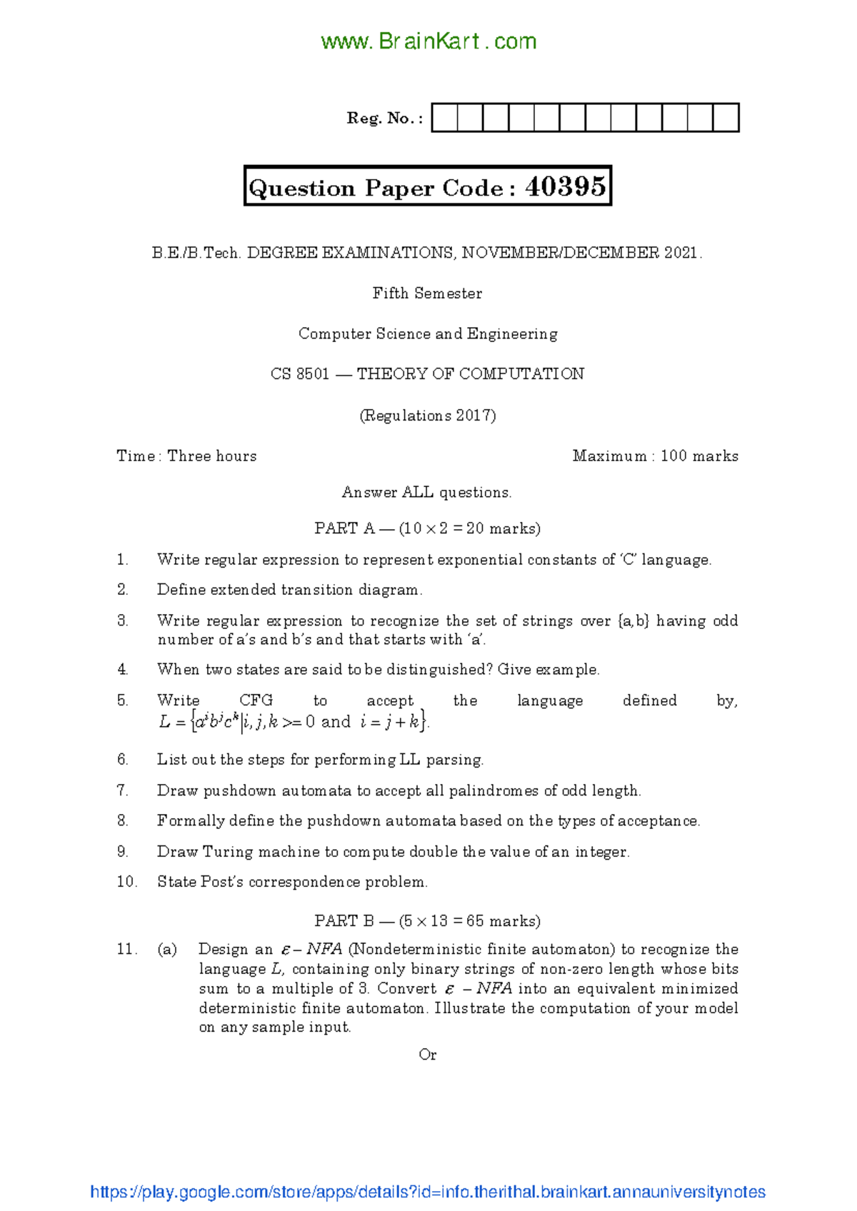Theory of Computation - CS8501 2017 Reg. - Question Paper Nov-Dec 2021 ...