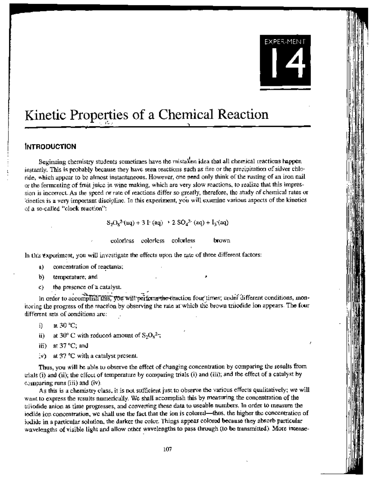 Kinetic Properties of Chemical Reactions - Exp 14 Lab Notes - Studocu