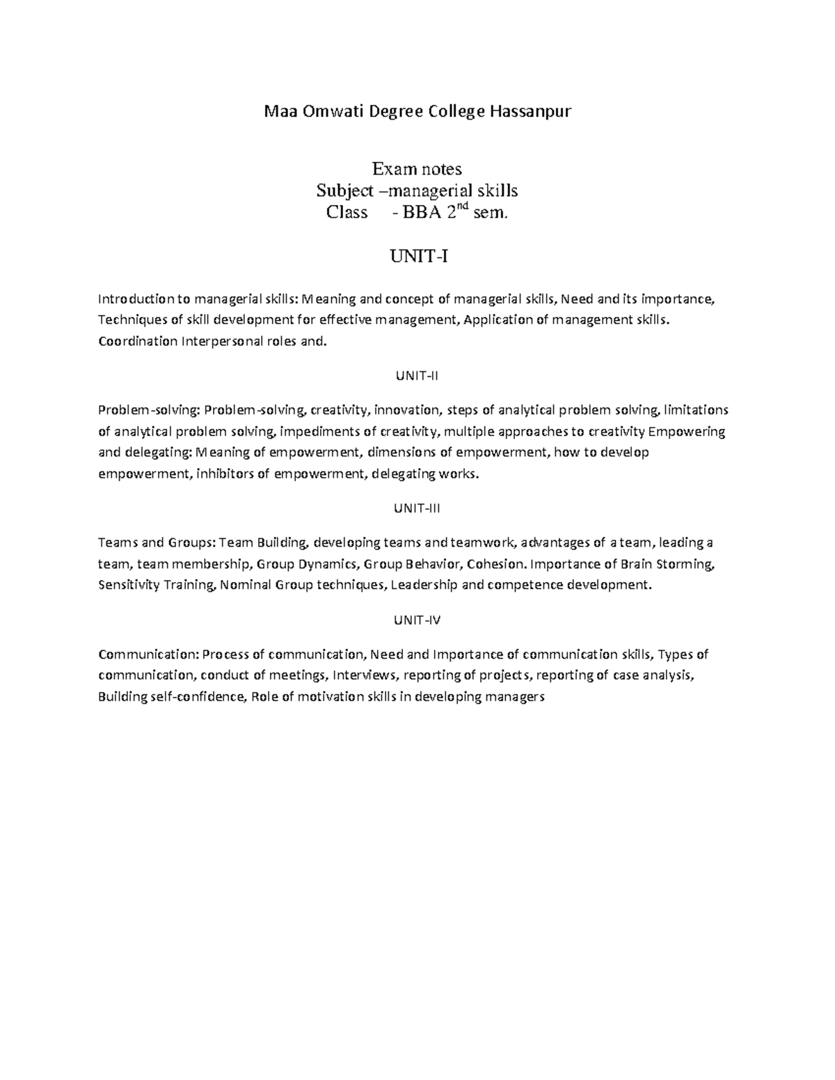 Managerial Skills Overview - BBA 2nd Sem Exam Notes - Studocu