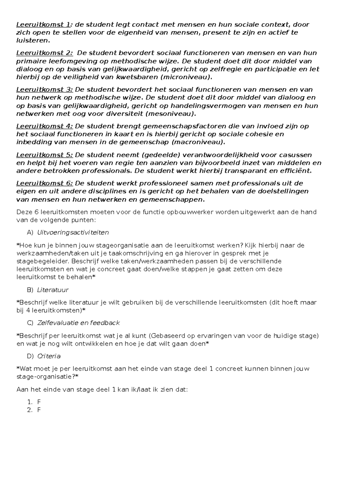 Leeruitkomsten PVA voor Opbouwwerker: Methodisch Sociaal Functioneren ...