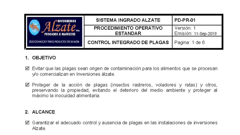 PD-PR-01 v1: Procedimiento Operativo Estandar para Control de Plagas ...