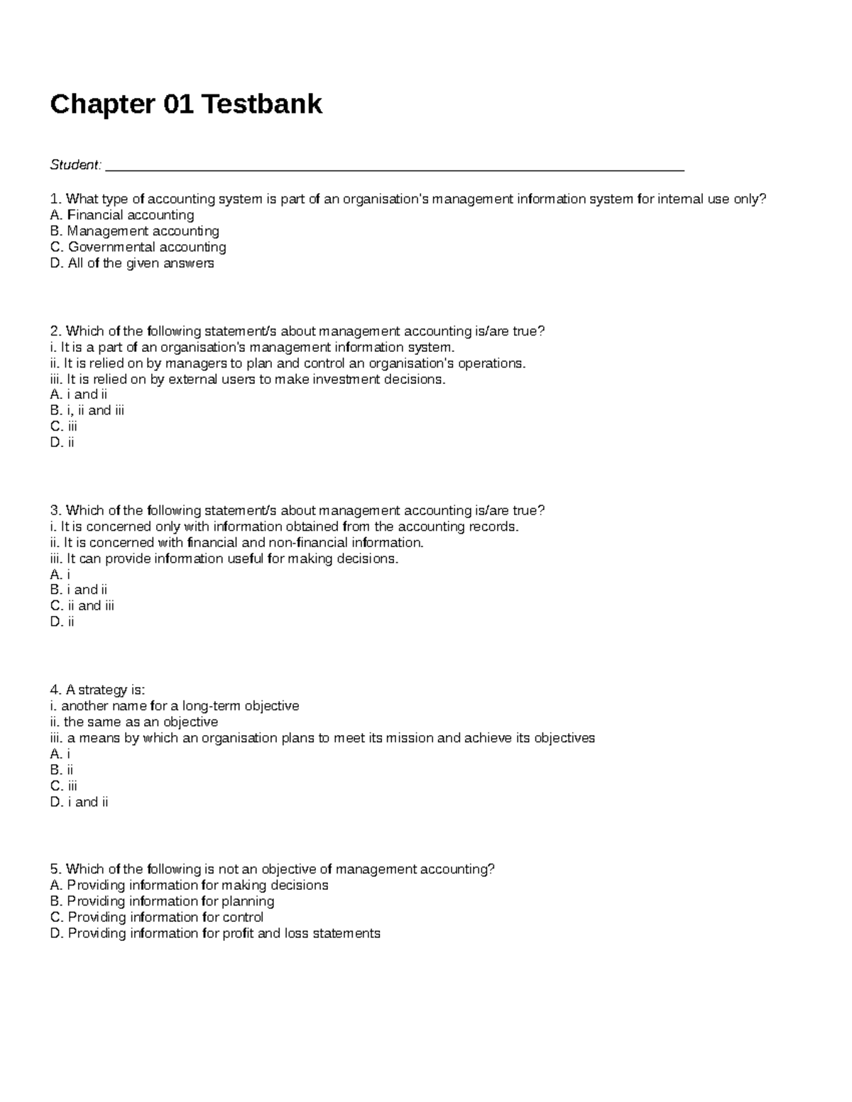 Chapter 01 Management Accounting Test Bank Solutions for ACC101 - Studocu