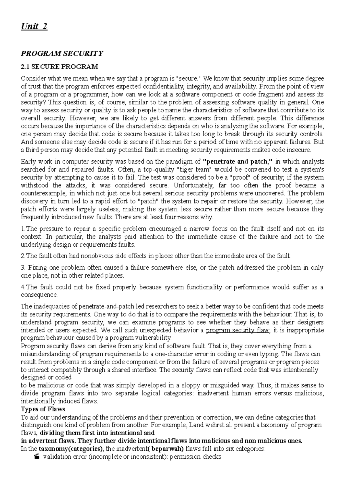 Unit 2 & 4 - Comprehensive Lecture Notes on Program Security and Flaws ...