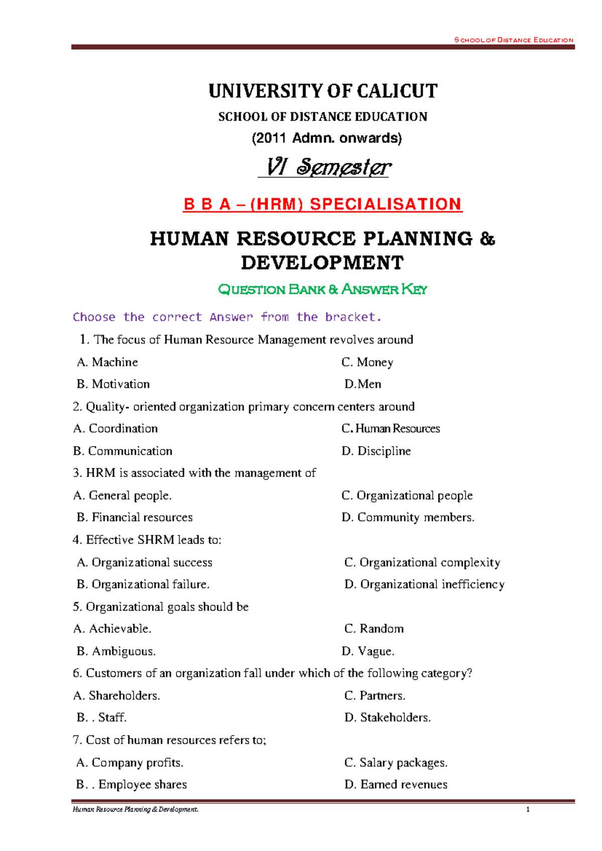 QB BBA (HRM) Human Resource Planning & Development Question Bank - Studocu