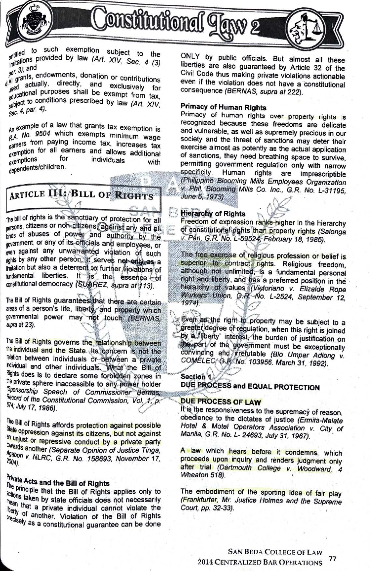 Constitutional Law 2: Bill of Rights Sec 1-5 Study Notes - Studocu