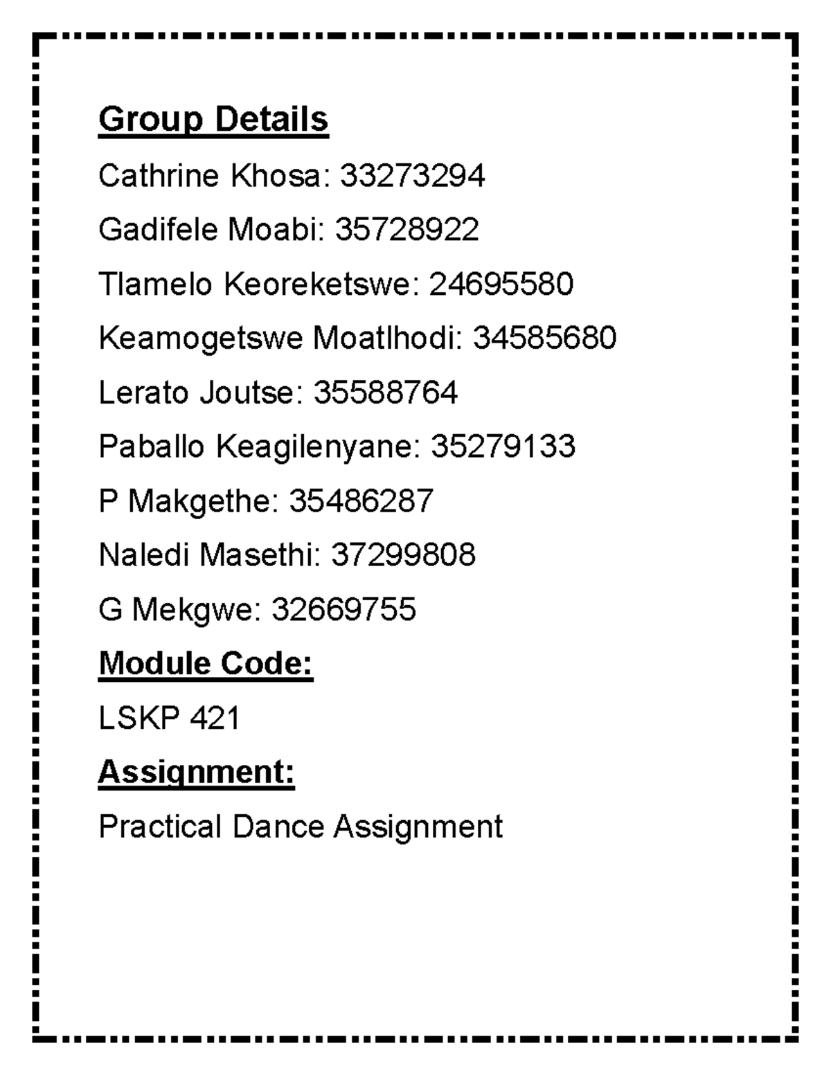 LSKP 421 Practical Dance Assignment: Lesson Plan & Activities - Studocu