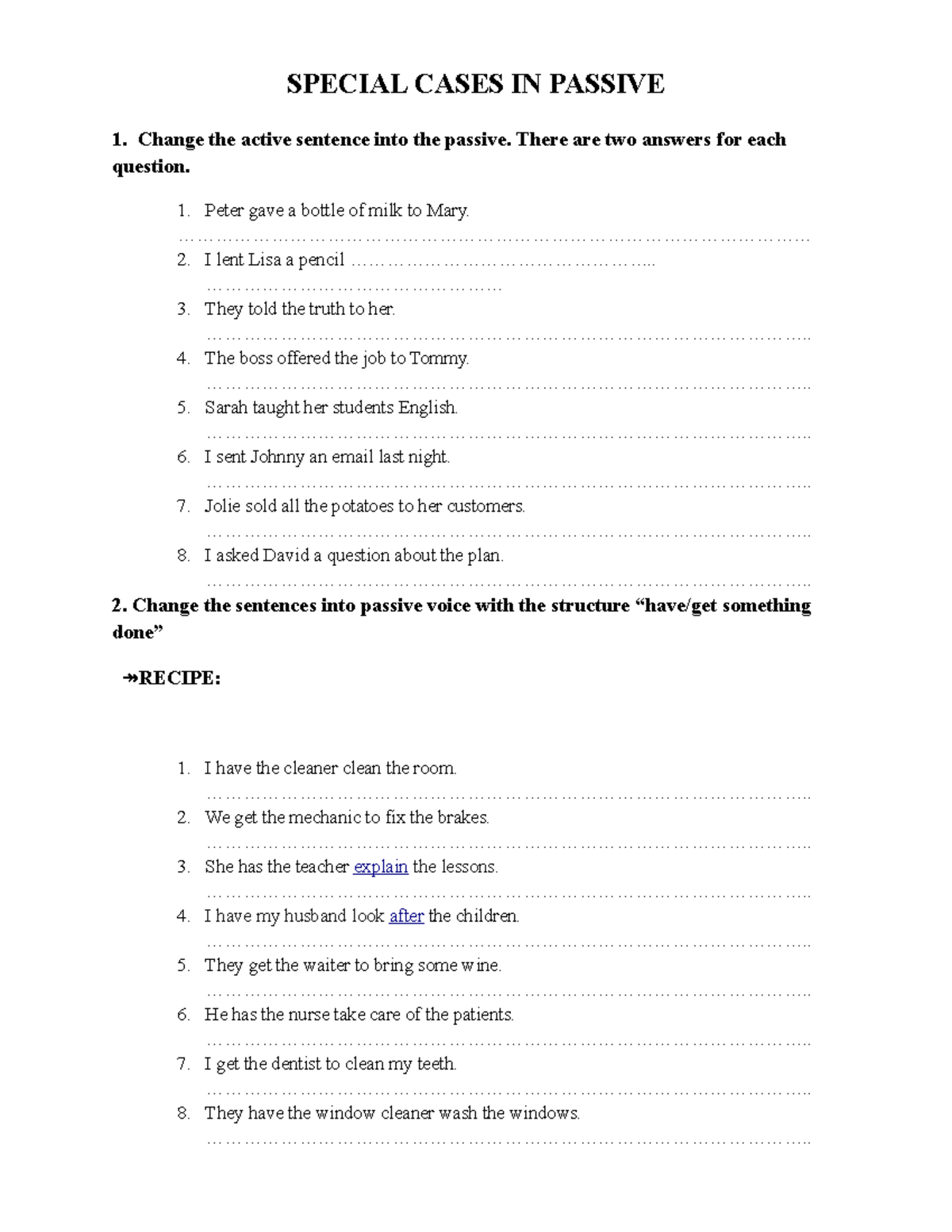 Special Cases in Passive Voice - Student Homework Exercises - Studocu
