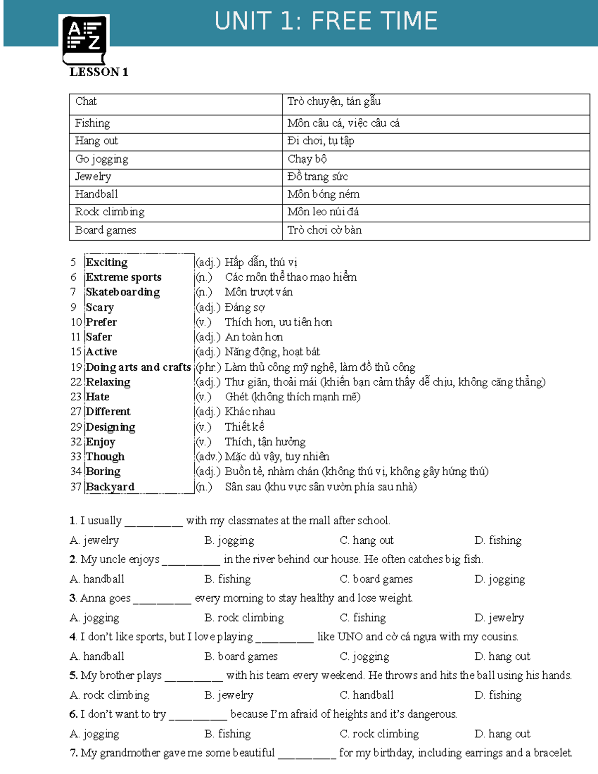 UNIT 1: FREE TIME - Grade 8 Lesson Notes - Studocu