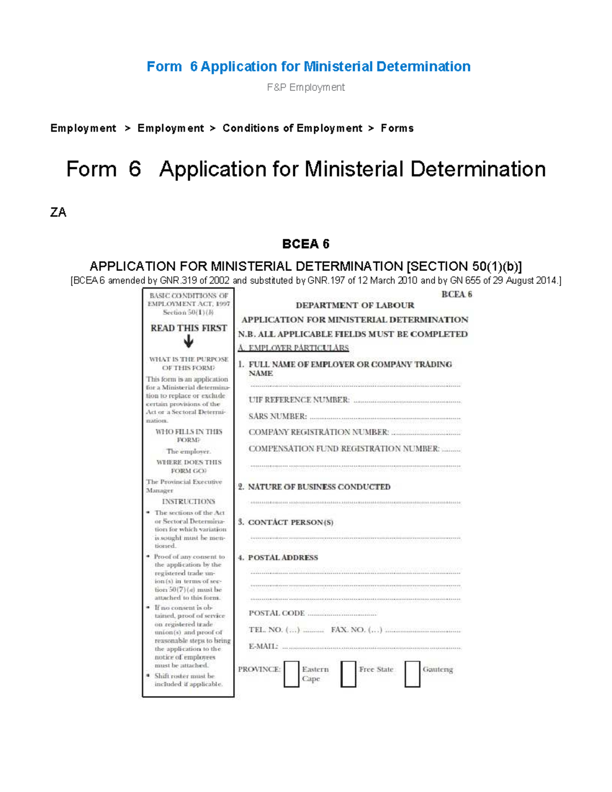 Form 6 Application for Ministerial Determination - Employment ...