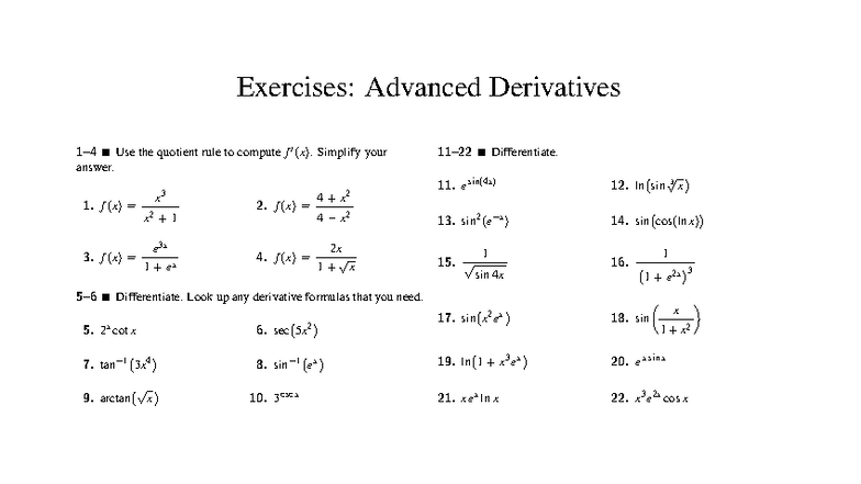 Advanced Derivatives Exercises: Quotient Rule & More - Studocu
