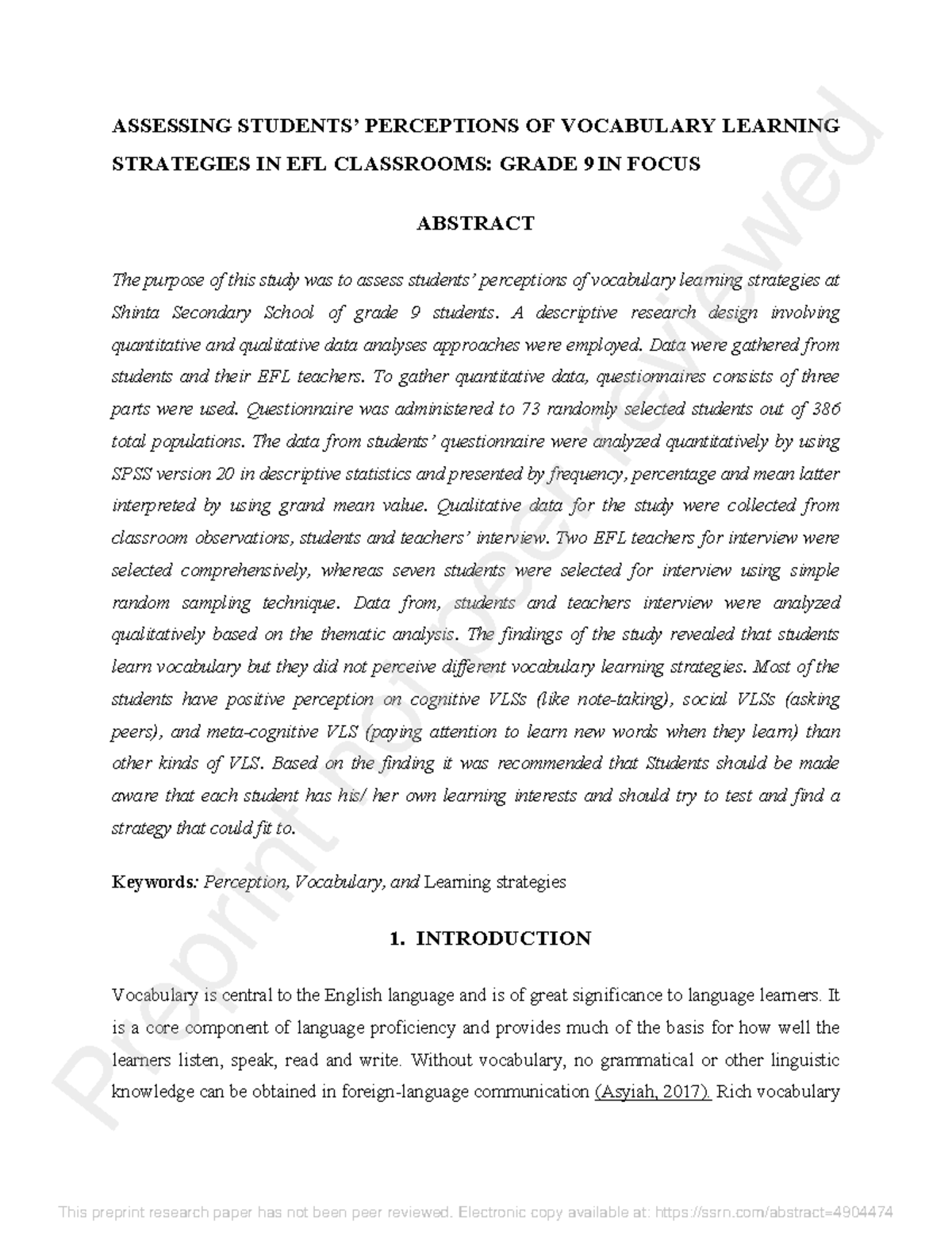 Assessing Vocabulary Learning Strategies in EFL Classrooms: Grade 9 ...