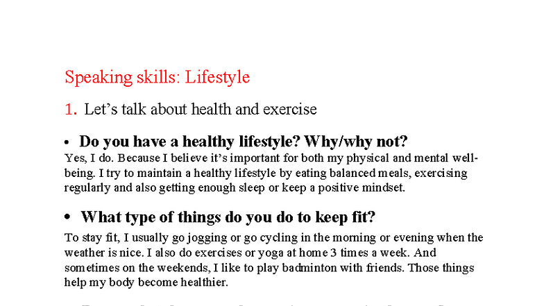 Speaking Skills: Health & Exercise Discussion - ABC - Studocu