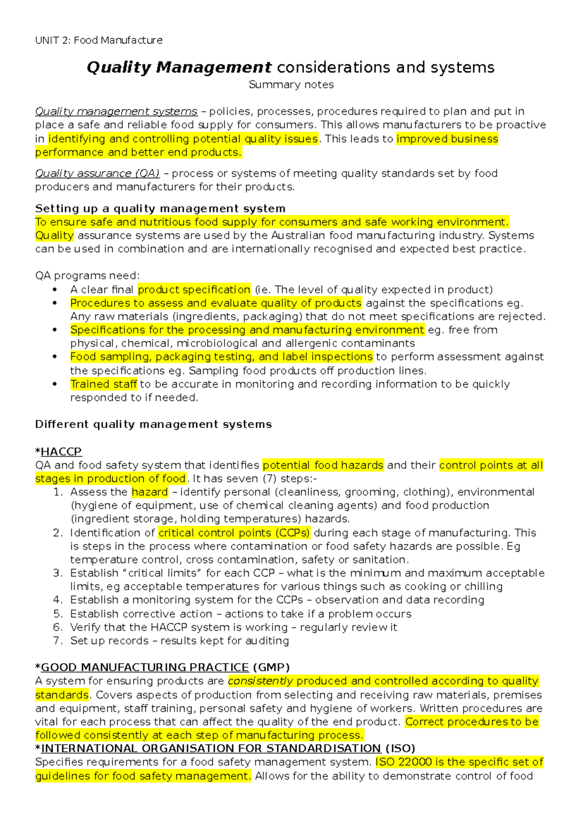 Quality Management considerations and systems summary notes - UNIT 2 ...