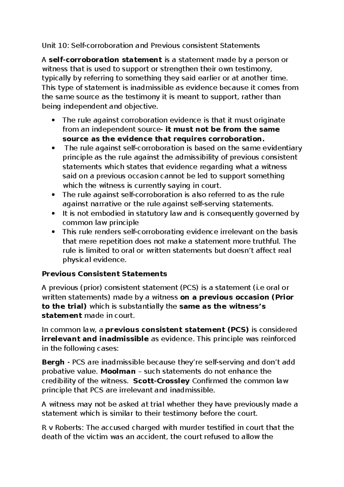 Unit 10: Self-Corroboration & Previous Consistent Statements in ...