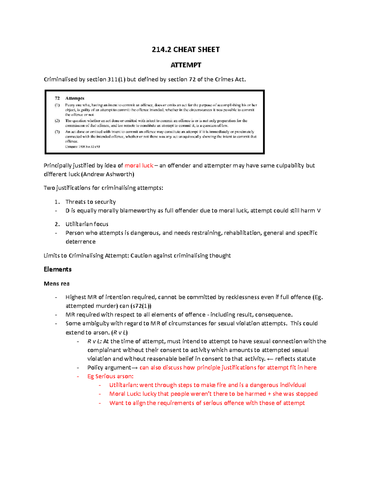 214 Final exam cheat sheet on criminal attempts and defences - Studocu