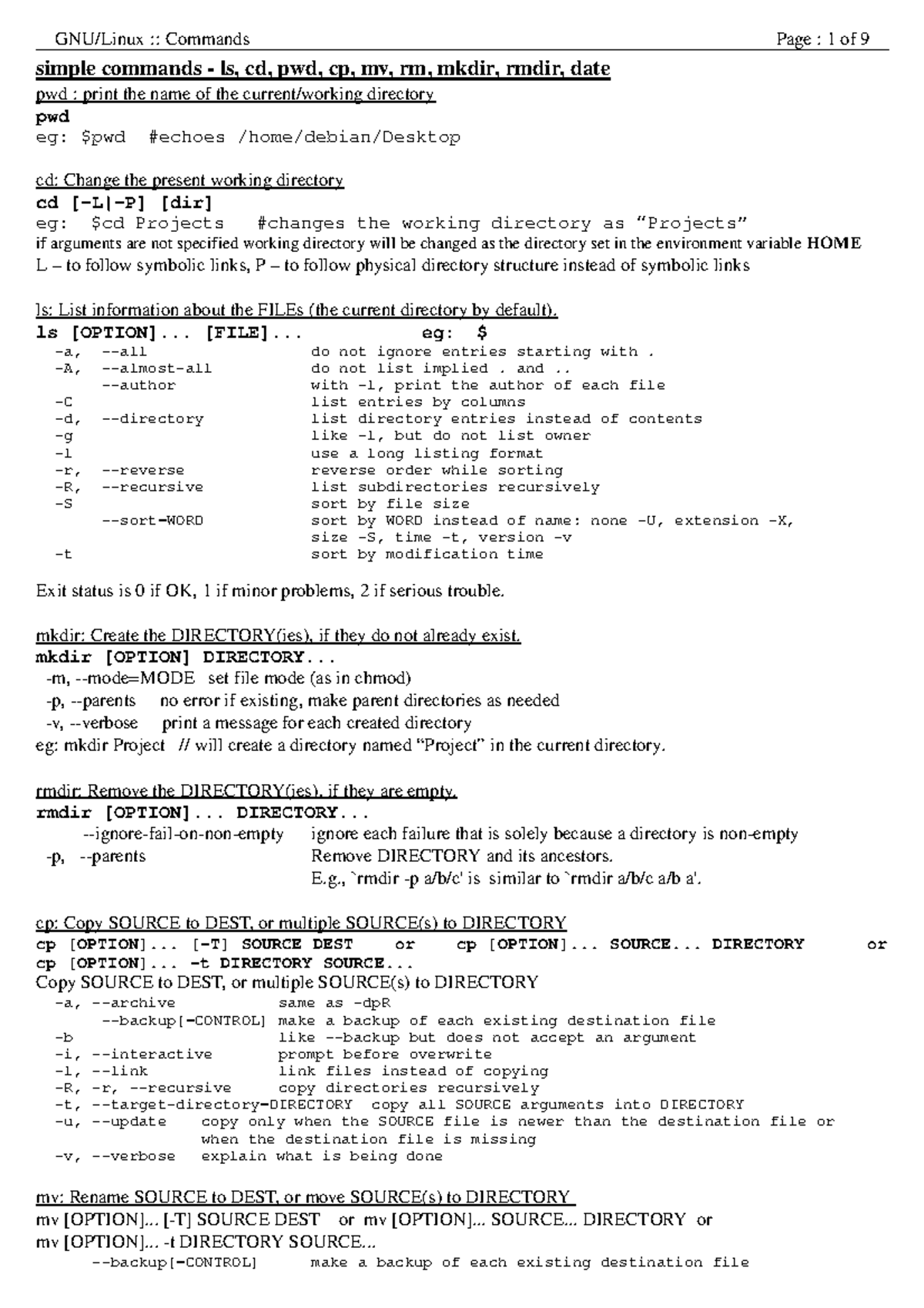 Gnu linux - Notes - simple commands ls, cd, pwd, cp, mv, rm, mkdir ...
