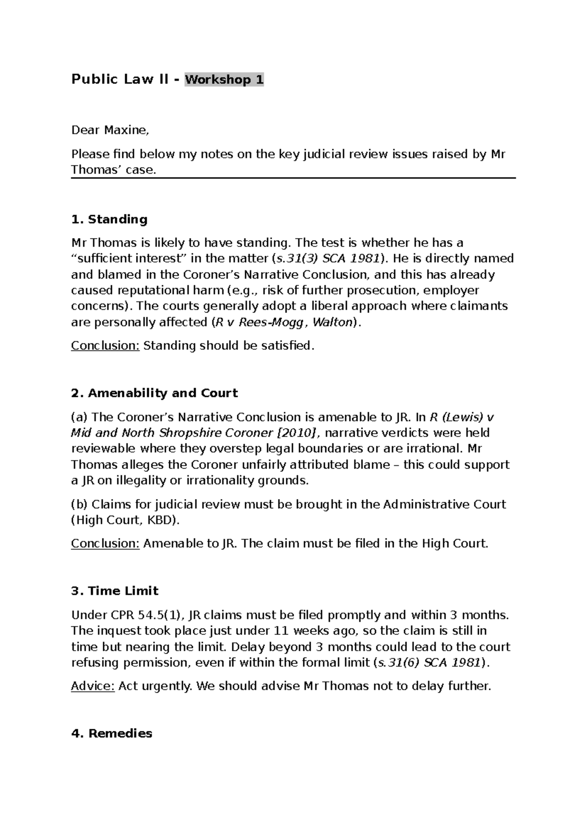 W1 - Public Law II - Workshop 1: Key Judicial Review Issues - Studocu