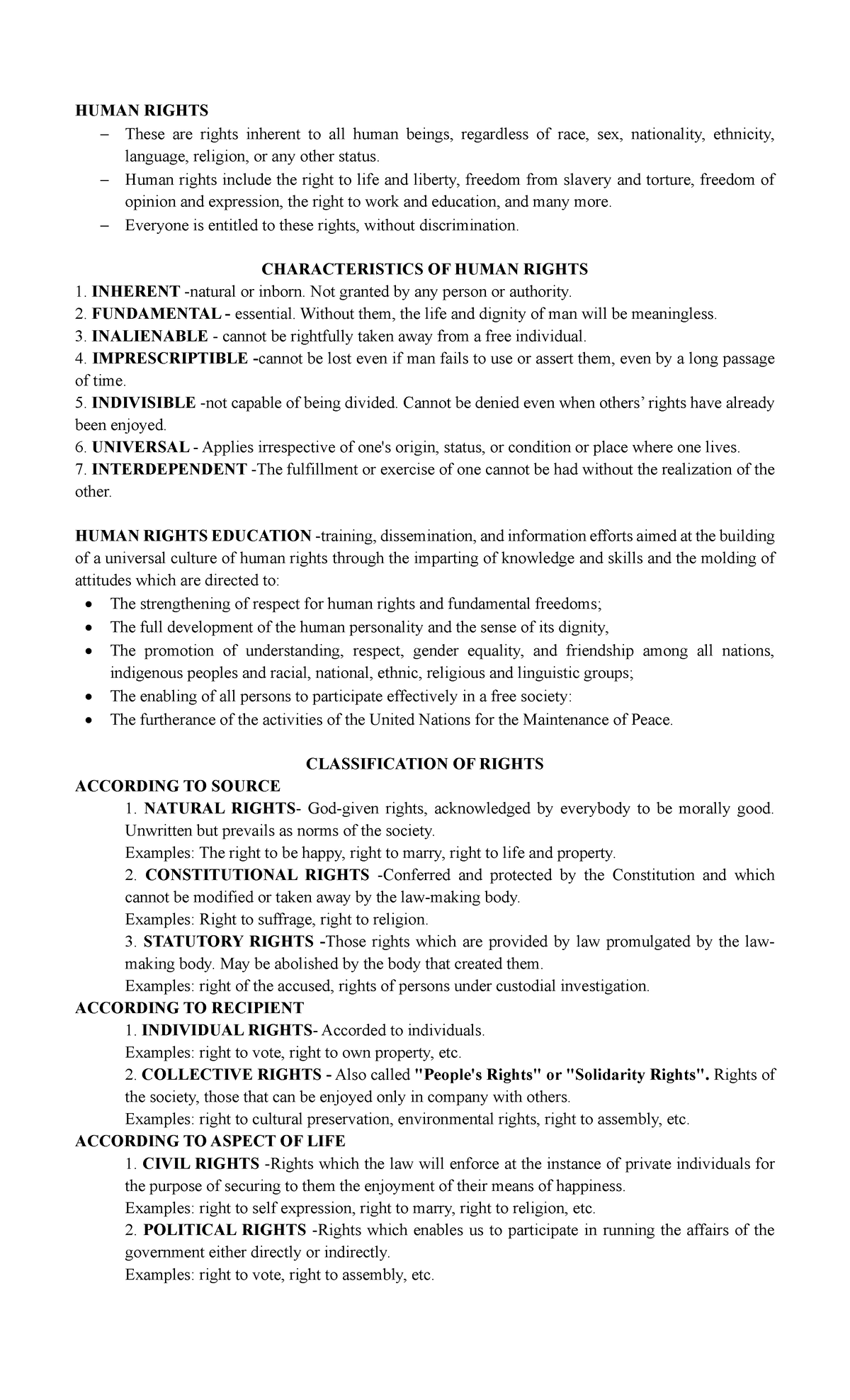 HUMAN RIGHTS: Characteristics, Education, and Legal Framework (PHIL 101 ...