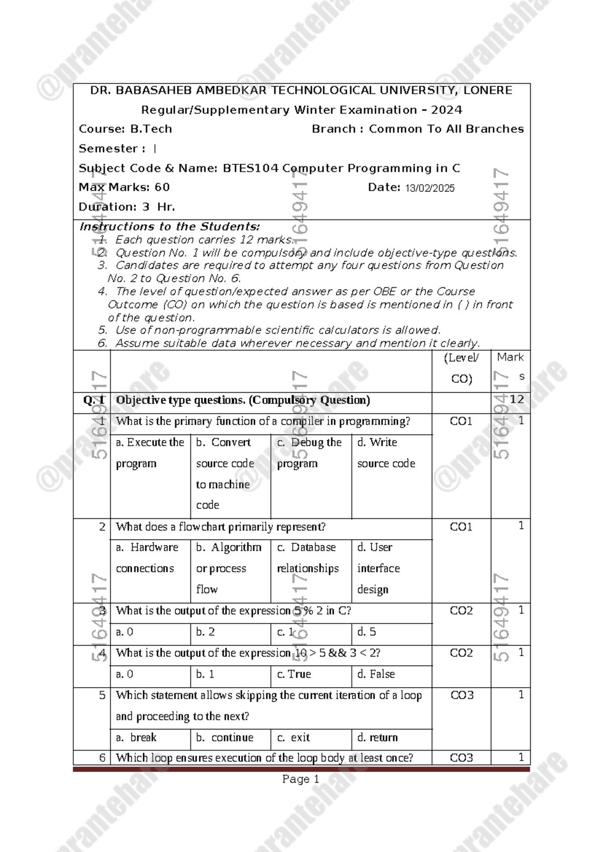B.Tech Semester 1 Exam: Computer Programming in C (BTES104) - Studocu