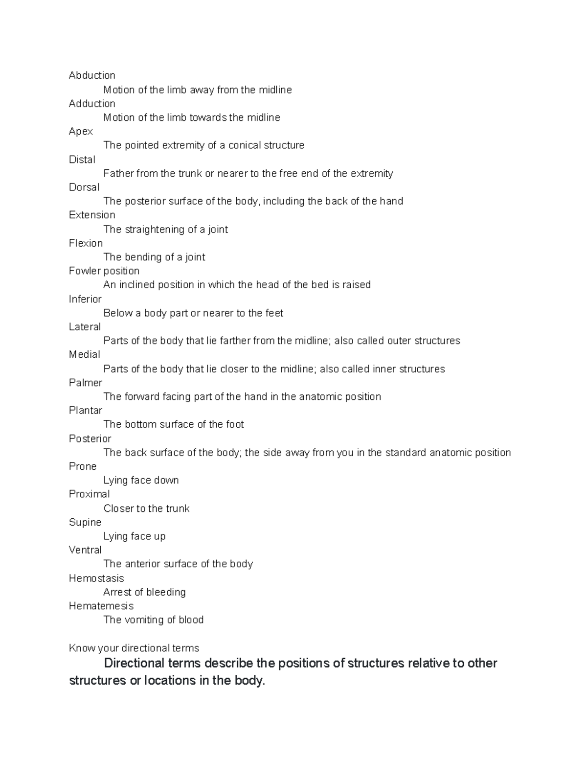 Medical Terminology: Directional Terms and Definitions - Studocu