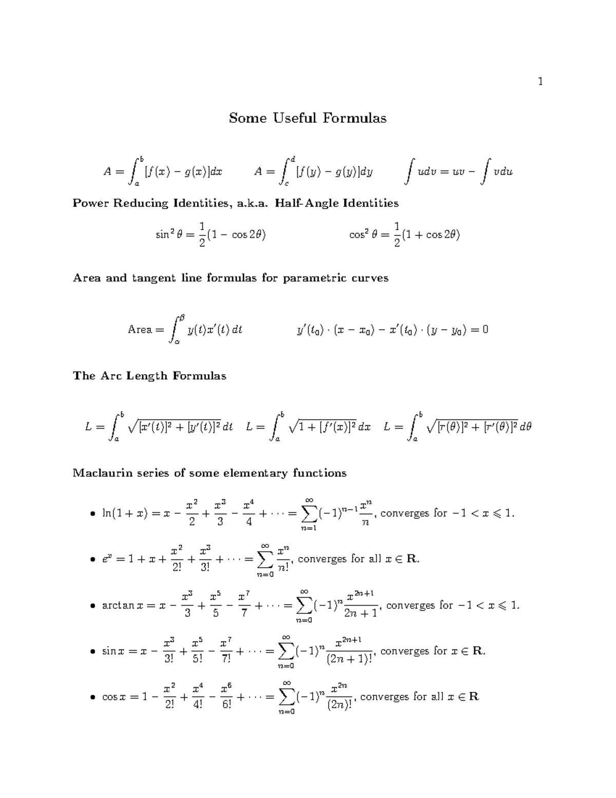 Final Formulas for Calculus (MATH 101) - Studocu