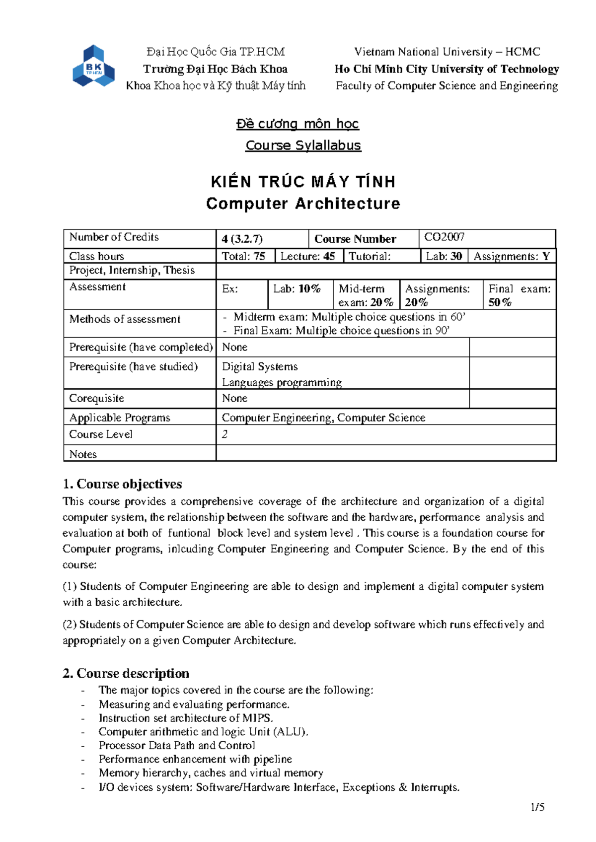 CO2007 Computer Architecture Course Syllabus - Kien Truc May Tinh - Studocu