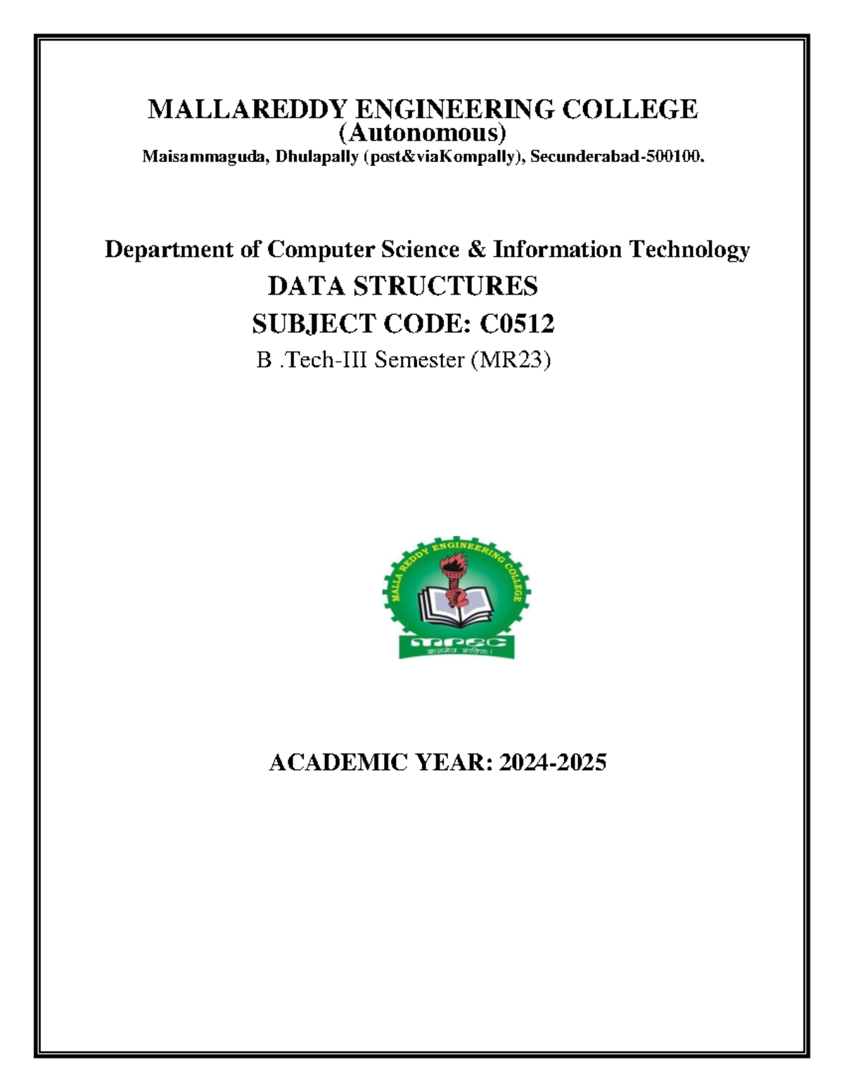 Data Structures Lab Manual (C0512 B Semester) - Malla Reddy Engineering ...