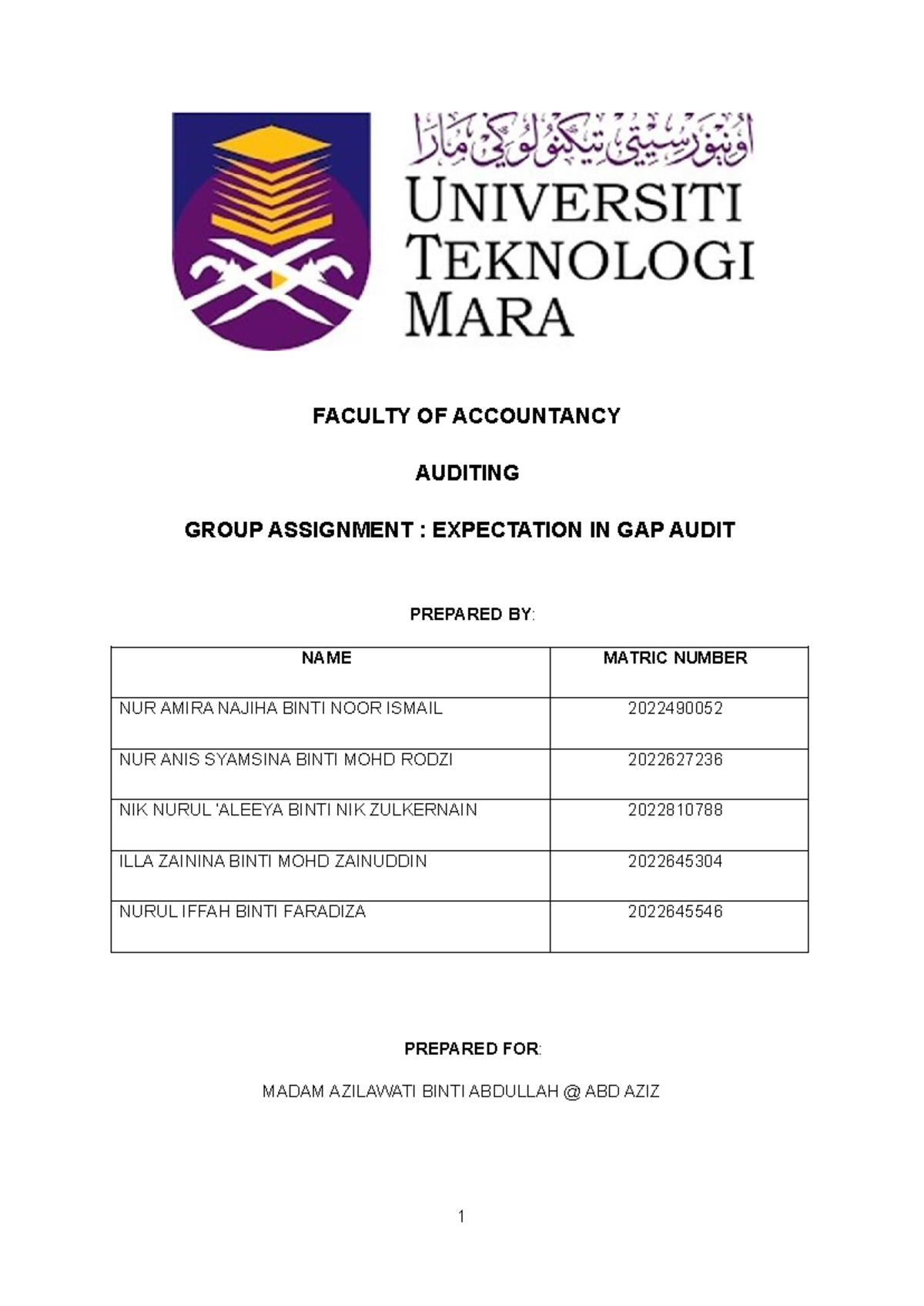 Assignment Audit 339 - FACULTY OF ACCOUNTANCY AUDITING GROUP ASSIGNMENT ...