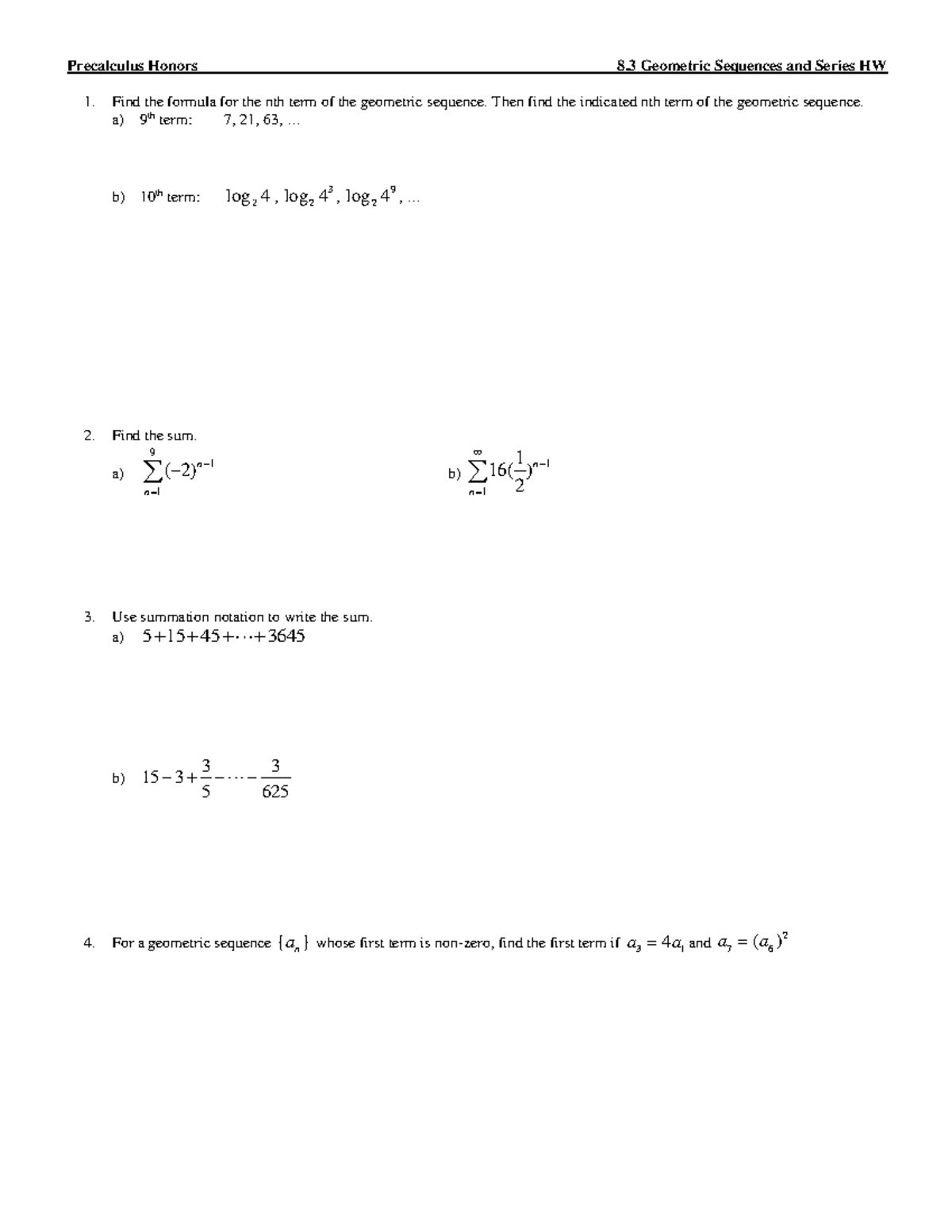 Precalculus Honors: 8.3 Geometric Sequences and Series HW - Studocu