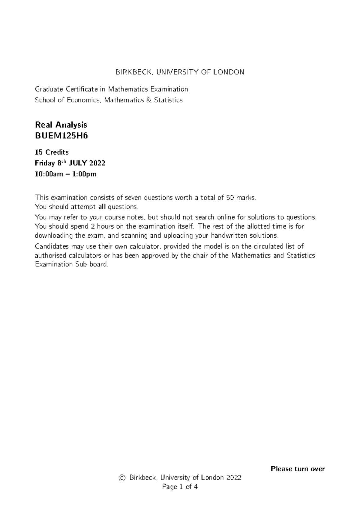 Real Analysis Exam BUEM125H6 - July 2022 - Studocu