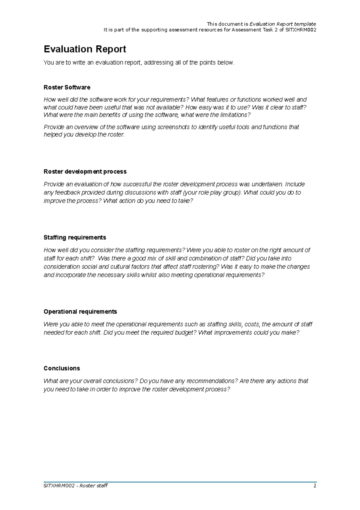 Evaluation Report Template - Roster Software How well did the software ...