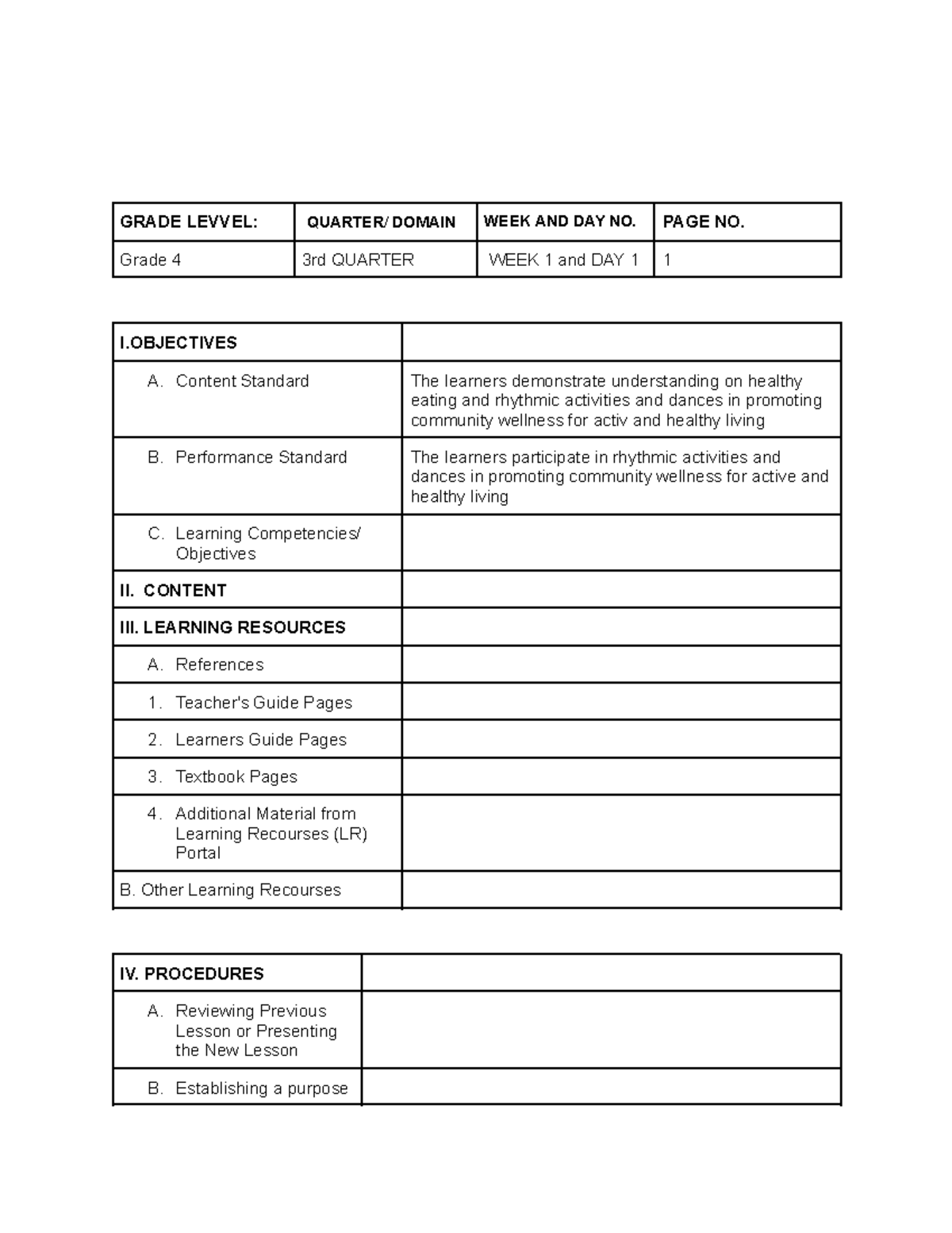Lesson Plan: P.E. & Healthy Living - Grade 4, 3rd Quarter, Week 1 - Studocu